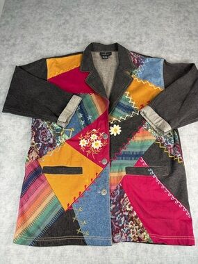 Vintage Carol Little Patchwork Denim Jacket Women Sz 12 Boho Embroidered